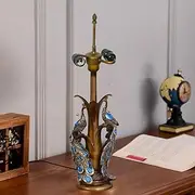 Tiffany Lamp Holder, Table Lamp Base, Height 24 Inch Antique Brass Resin Peacock Desk Base with 2 Lights, 2-Zipper Lamp Socket, Button Switch Wire, for 16 Inch Stained Glass Lampshade KeYJ