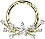 [Pierced Owl] 16GA ASTM F-136 Implant Grade Titanium CZ Crystal Shooting Star Center Hinged Segment Clicker Ring