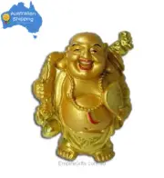 (1) Gold Laughing Buddha Statue w/ Wu Lou & Fan Feng Shui Wealth