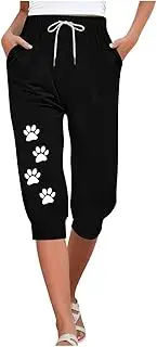 [Fanteecy] Women's Summer Elastic Waist Drawstring Pants Dog Paw Prints Capri Pants Casual Running Jogging Pants with Pockets