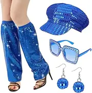 [Xerteam] 6Pcs 70s Disco Accessories, 70s Fancy Dress Women Accessories, Sequin Hat Frame Bling Sunglasses Earrings Leg Warmers, Disco Costume Set for Women Retro 70 Theme Party Hippie Costume