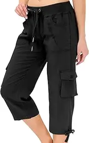 [Generic] Ladies Linen Trousers Womens Cropped Petite Work Cargo Lightweight Walking Black Women Elasticated Waist Short Flared 70S Leggings with Lace Trim Plus Yoga Pants Leg 3/4 Length Pocket