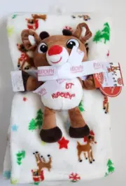 Rudolph Christmas Baby Gift Set White Blanket Christmas Tree + Rudolph Plush
