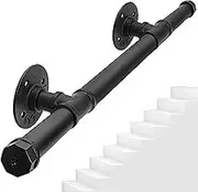 Non-Slip Staircase Handrail, Wall Mount Stair Railing, Hand Rail for Indoor Outdoor, Black Metal Round Pipe Stair Railing, Support Rod Complete Kit(Size:80cm)