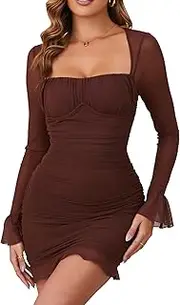 [URYIAO] Women's Sheer Long Sleeve Sequin Bodycon Mini Dress Sexy Sparkly Ruched Mesh Party Going Out Dresses