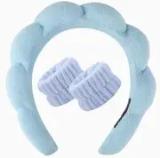Spa headband with wrist strap for washing your face and a 3-piece set for makeup skincare Bubble skincare headband Fluffy hair bands for women, teens girls Cute Hair Accessories-Blue