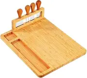 Bamboo Cheese Board Set, Large Charcuterie Board With 4 Stainless Cutlery, Serving Tray for Crackers, Meat, and Wine - Ideal for Wedding Gifts, Christmas, Birthday Party