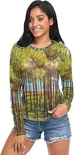 [RPLIFE] Pine Trees Mesh Shirts for Women, Printed Mesh Top S-XXL