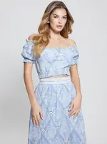 GUESS Women's Blue Off Shoulder Frida Top Size: Large, Cotton
