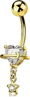 [OUFER] Dangle Belly Button Rings, 316L Surgical Steel Belly Rings for Women, 14G Heart Navel Piercing Jewelry, Star Dangling Clear CZ Curved Barbells Silver/Gold 10MM