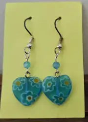 Heart Earrings Blue glass Handmade floral heart beads silver French wires
