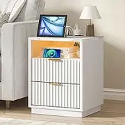 Merryluk LED Nightstand with Wireless Charging,Modern Bedside Table with RGB Lights & 2 Drawers for Bedroom, Living Room,Office