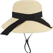 [YCMI] Girls Straw Sun Hat Summer Beach Cap Foldable Adjustable Floppy Hats Wide Brim with Bowknot