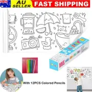 Children Drawing Roll W/12Pens DIY Sticky Early Painting Paper Wall Pasted Toys