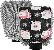 Washing Mitts Car Wash White Piglets Snowflakes Black Car Detailing Supplies Scrub Pad Soft Scratch Free Absorbent Chenille Microfiber, Large x 2 Pack