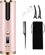 Cordless Portable Curling Wand Automatic Hair Curler Ceramic Automatic Hair Curler USB Rechargeable Automatic Curling Iron Fast Heating with LCD Display for Styling 6 Adjustable Temperature
