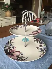 CIROA PORCELAIN PURPLE FLORAL TWO TIER TIDBIT TRAY THE TEAHOUSE GIFT CO. NWT
