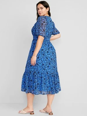 Old Navy Waist-Defined V-Neck Midi Dress Women L Chiffon Smocked Blue Flower NEW