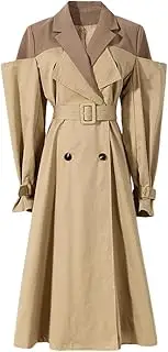 [Generic] Women's Two Colours Patchwork Fake Two Pieces Suit Collar Trench Coat Knee-Length Jacket Dresses Outerwears