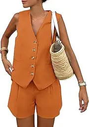 [PRETTYGARDEN] Women's Summer 2 Piece Outfits Sleeveless Matching Sets Button Down V Neck Vest Waistcoat and Pockets Shorts
