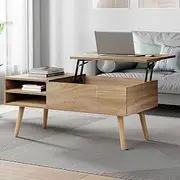 [ALFORDSON] Lift Tabletop Coffee Table Center Table Wood Color, Living Room Office Reception Dining Table with Rising Top, Hidden Storage and Side Open Shelves