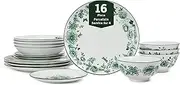 [Stone Lain] Esme 16-Piece Dinnerware Set Porcelain, Plates and Bowls Set, Dish Set for 4, Cereal and Pasta Bowls, Microwave and Dishwasher Safe, Green