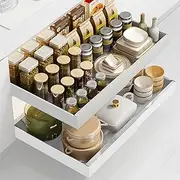 Aumerage Expandable Cabinet Organizer - Pull Out Drawers with Adhesive Mount, Adjustable Width 32-52cm, Slide Out Storage for Kitchen Cabinets（Whinte 2PCS）