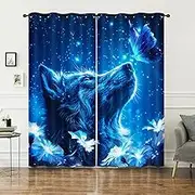 AILONEN Blue Starry Butterfly Wolf Window Curtain,Animal Wolf Head Printed Window Drapes for Kids Boys Girls,2 Panels Set Wildlife Window Treatments Drapes for Bedroom, 42" W x 84" H