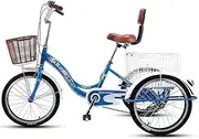 Adult Tricycle 20 Inch Single Speed Trike Bike Adjustable Three Wheel Bike Cruiser Trike with Shopping Basket for Gift Elderly People, Chair with Backrest, Tricycle