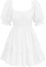 [N\W] NW Polycine Women's Clothing Square Collar Folds Short Sleeved Dress Summer Princess Skirt