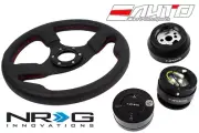 NRG 320mm Race Leather Steering Wheel Red St 170H Hub Gen2 Release BK Lock LB a