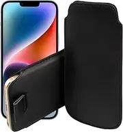 MEZON Pull Tab Slim Faux Leather Pouch Sleeve Case for Apple iPhone 13 Mini (5.4") – Shock Absorption, Wireless Charging Compatible (iPhone 13 Mini, Black)