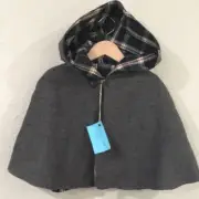 Cape 100% Wool Girl Sz 5/6 Coat Gray Fleece Plaid Flannel Reversible Preppy Hood