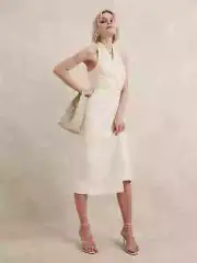 BANANA REPUBLIC Silk Linen Wrap Effect Midi Dress 18 | Cream White #446189 NEW