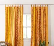 2Pc Handmade Vintage Silk Saree Window Curtain Door Drape Decor Curtains Yellow