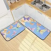 Kitchen Mats for Floor, 2 Piece, Butterfly Watercolor Fly Funny Cute Washable Non-Slip Kitchen Rugs Set for Home & Office, Sink, Laundry, 19.7” x 27.6” + 19.7” + 47.2”