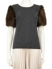 Grey Cashmere Fur Sleeve Knit Top