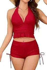 [SHEKINI] Women's Two Piece Bikini Sets Deep V Halter Neck Swimsuit High Waisted Ruched Side Bikini Bottom Plus Size Swimwear Bathing Suit, Red, L