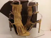 NIB GUCCI BEIGE CAMELIA SUEDE FRINGE BECKY GLADIATOR HEEL TALL SANDALS 36.5 6.5