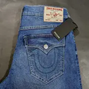 True Religion Men's 34x32 36x32 38x32 Geno SN Flap Relaxed Slim Jeans Blue Denim
