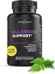 Livingood Daily Allergen Support, 120 Capsules - Environmental Allergy Relief - Natural Antihistamine Quercetin with Bromelain, Stinging Nettle, Vitamin C and Zinc - Superior Immune Support Supplement