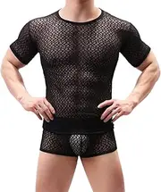 [Zadaos] Men See Through Wrestling Singlet Mesh T-Shirt Underwear Sheer Wear Transparent Fishnet Top Boxer Set