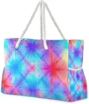 [Yoogain] Rainbow Tie-dye Sandproof Beach Tote Bags with side pocketes Bag Carry On for beach&work, Rainbow Tie-dye, 1 size