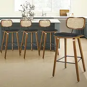 [ALFORDSON] 4X Bar Stools, Vintage Kitchen Dining Chair with 35cm Rattan Backrest and 65cm Leather Seat, Counter Barstools with Footrest for Home Bar Dining Room, Fiona Wooden Black