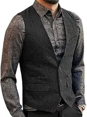 [Zeattall] Men's Herringbone Tweed Wool Suit Vest Single Breasted Slim Fit Waistcoat Vest