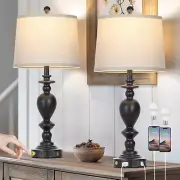 28" Black Farmhouse Table Lamps Set of 2 with USB C+A Ports & AC Outlet for Vint