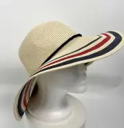 Talbots Womens Hat Striped Paper Straw Wide Brim Summer Sun Beach Hat NWT