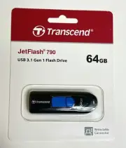 NEW Transcend JetFlash 790 64GB USB 3.1 Flash Drive - Black/Blue