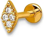 [JewelryWeb] 2.7mm 14k Solid Yellow Gold 18 Gauge Polished and Textured CZ Simulated Diamond Navette Labret Stud Body Piercing-Stud for Women