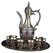 Vintage Turkish Coffee Pot and Cups Set,Tea Service Set Bronze with Red Crystal